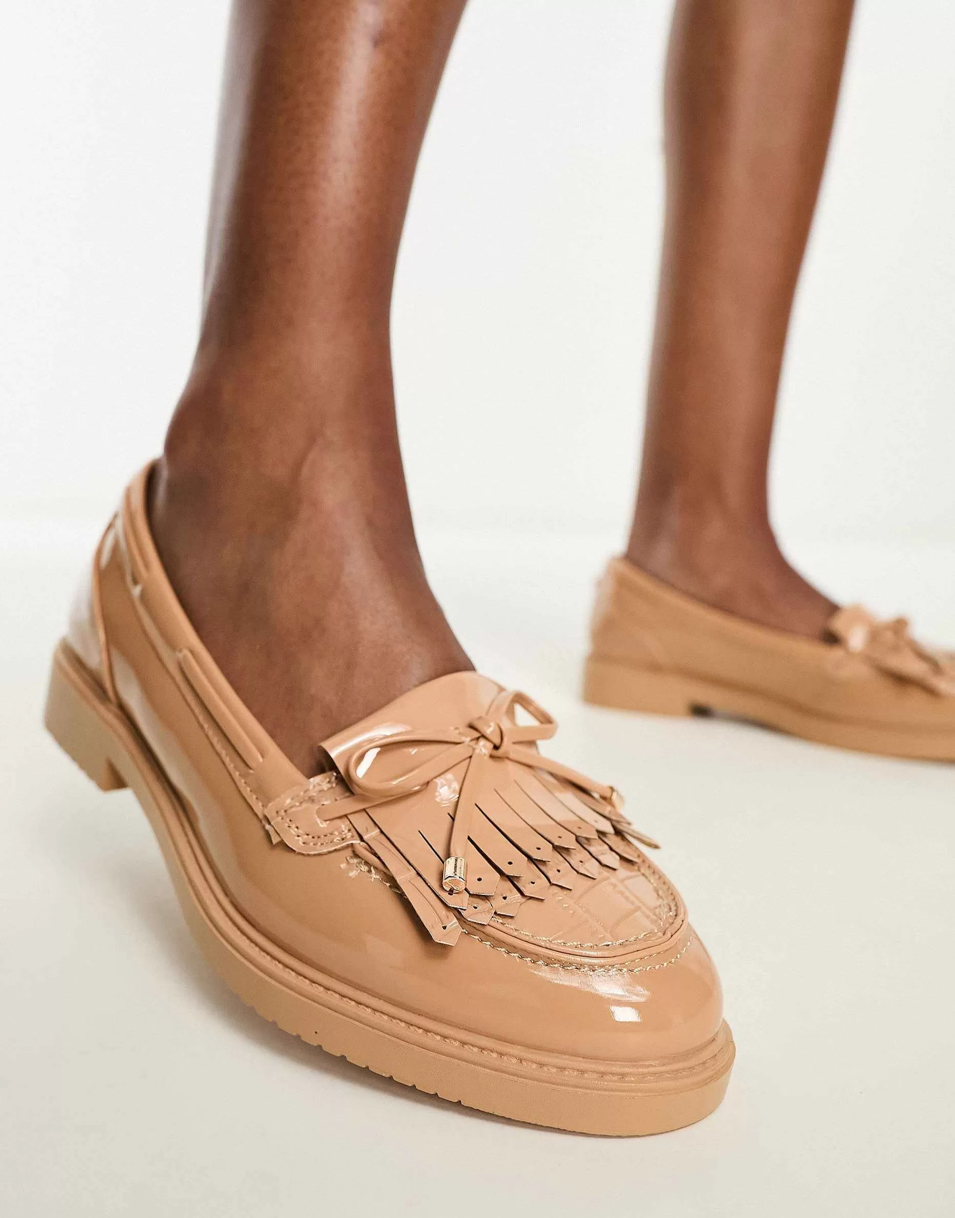 Women River Island Fringed Detail Patent Loafer In Beige
