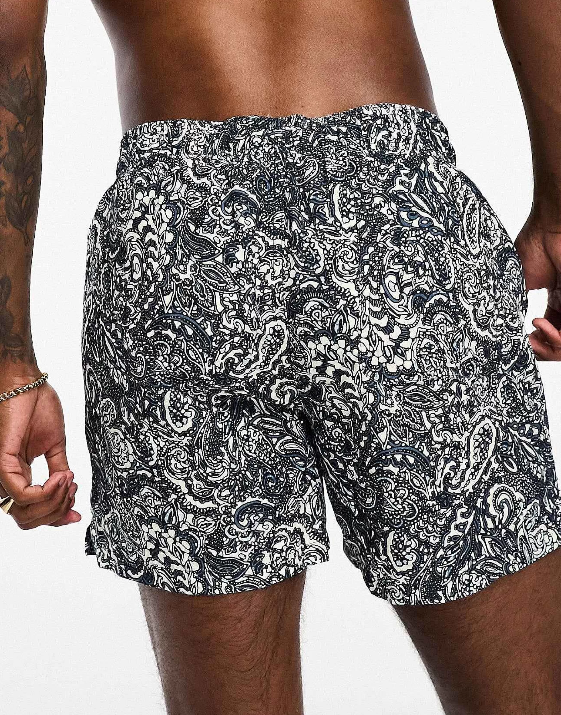 Men Selected Homme Swim Short In Navy With Paisley Print