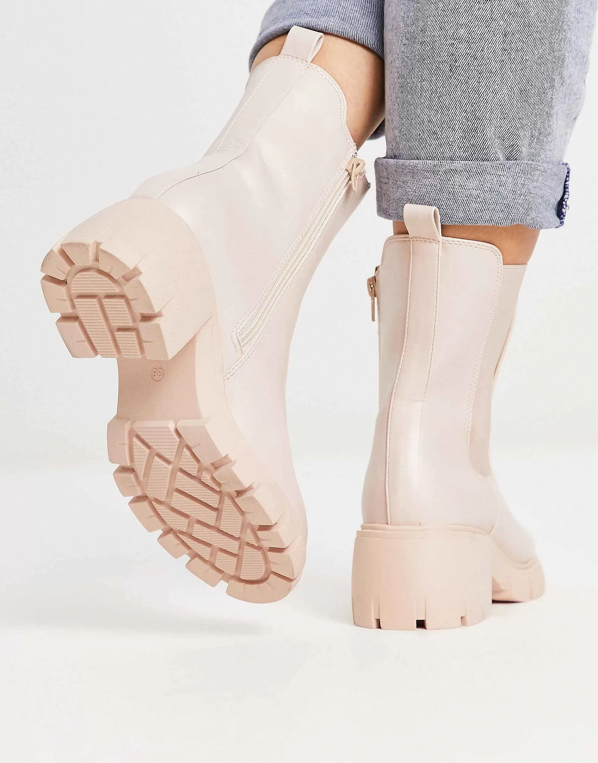 Women Simply Be Wide Fit Cleated Block Heeled Chelsea Boot In Stone