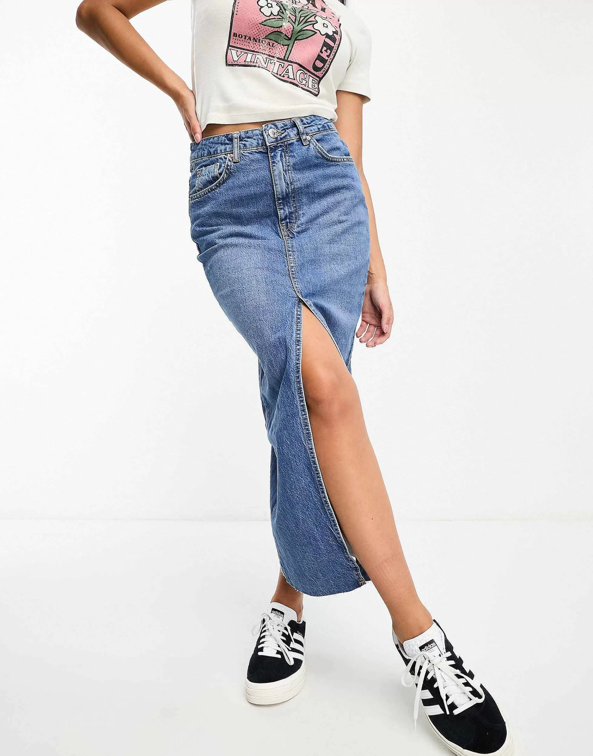 Women Stradivarius Denim Midi Skirt With Front Split In Midwash