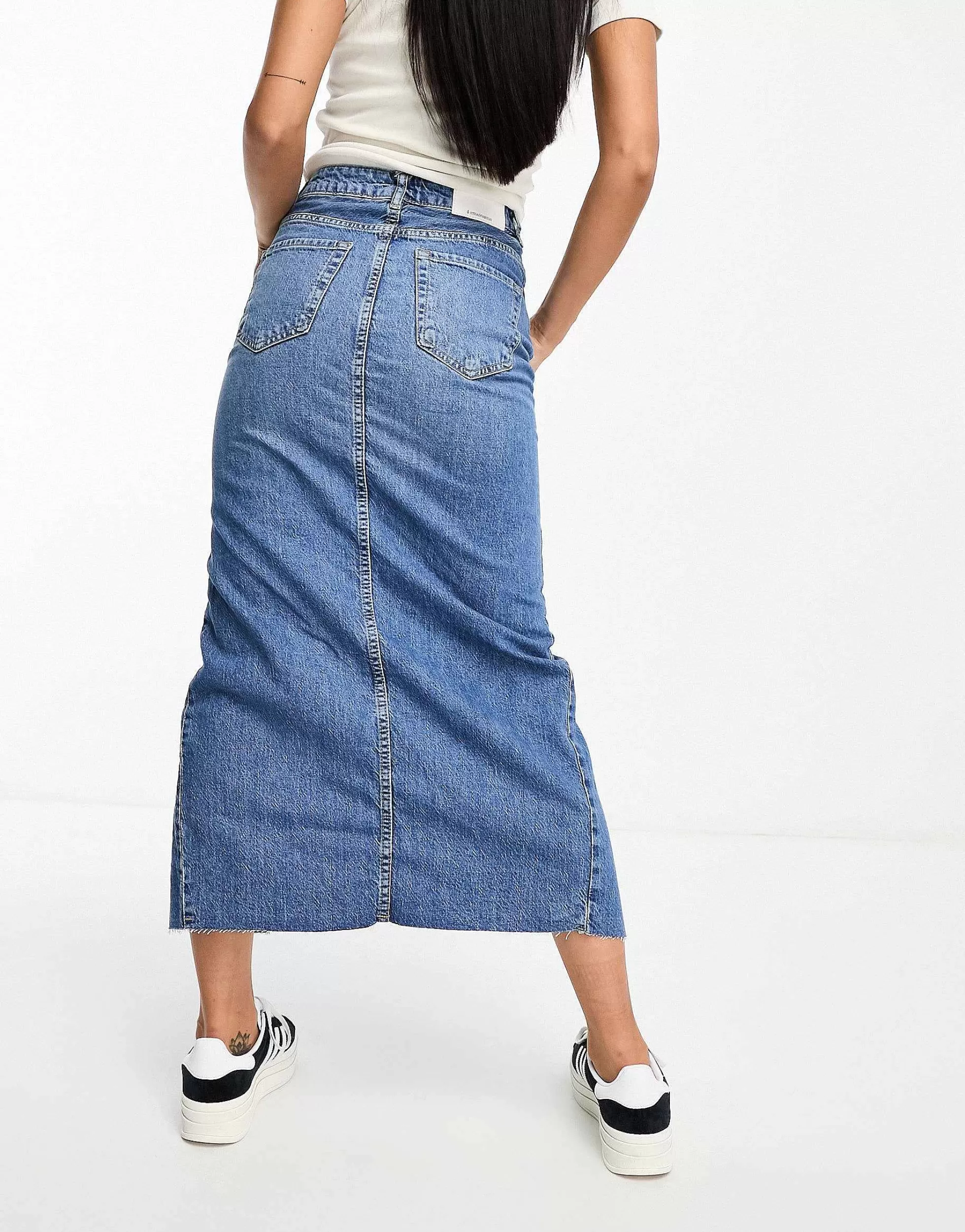 Women Stradivarius Denim Midi Skirt With Front Split In Midwash