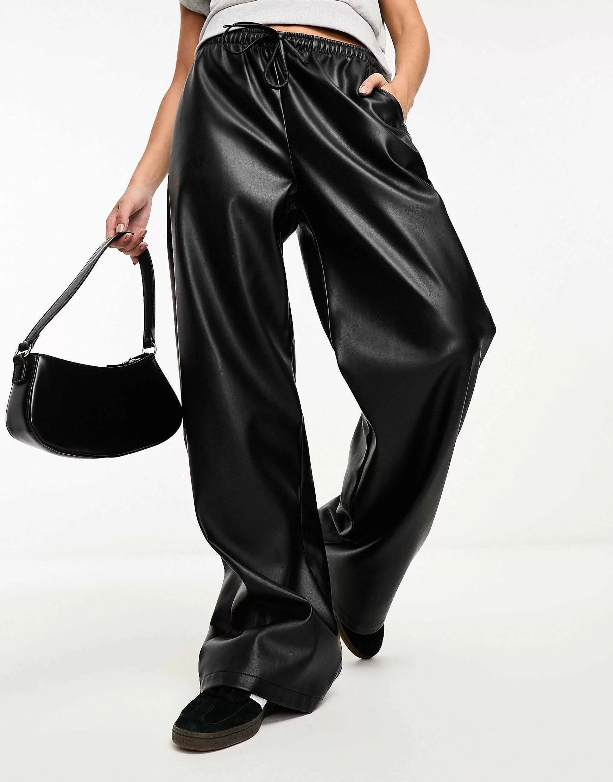 Women Stradivarius Faux Leather Wide Leg Jogger In