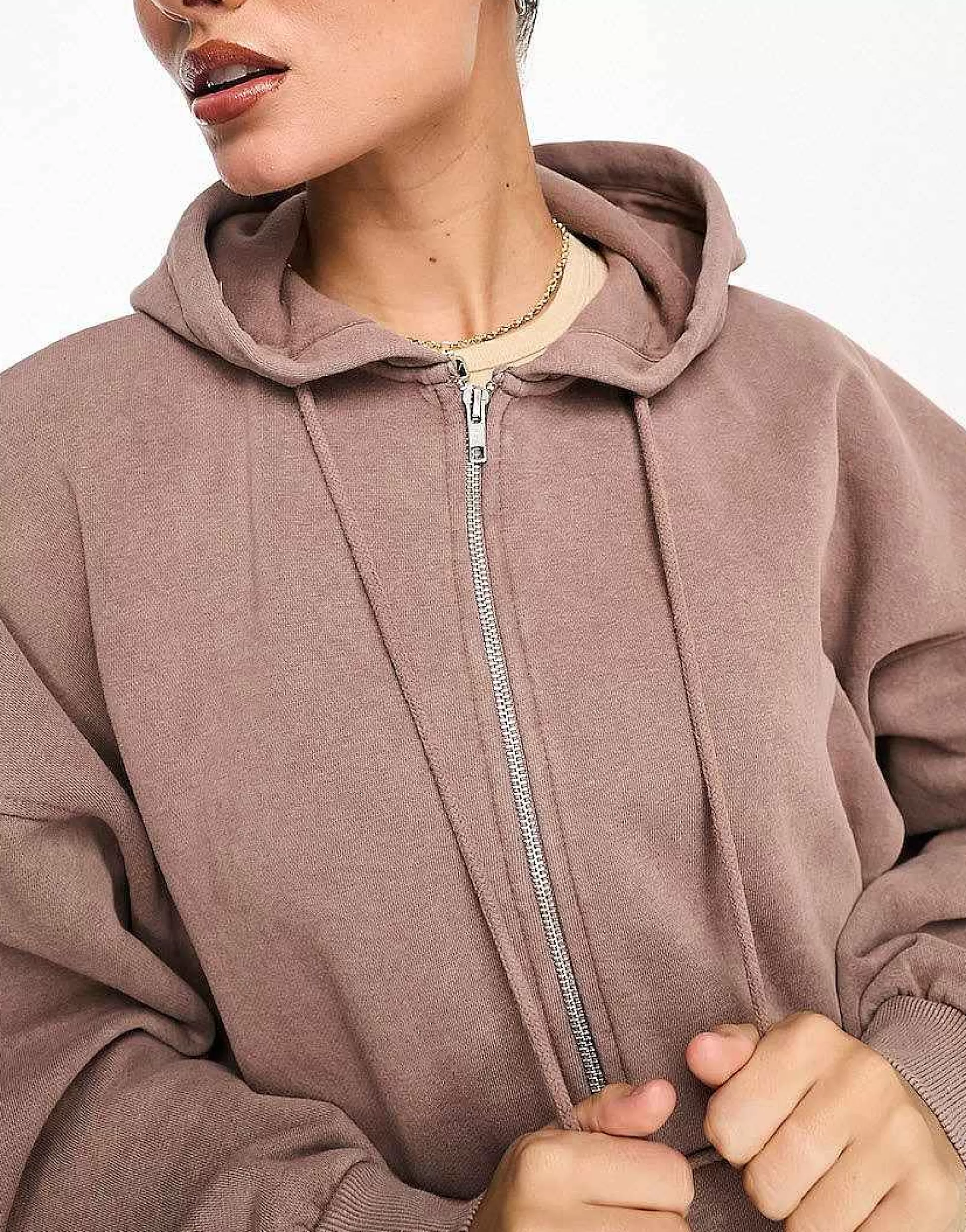 Women Stradivarius Oversized Zip Thru Hoodie And Jogger Co-Ord In Washed Brown