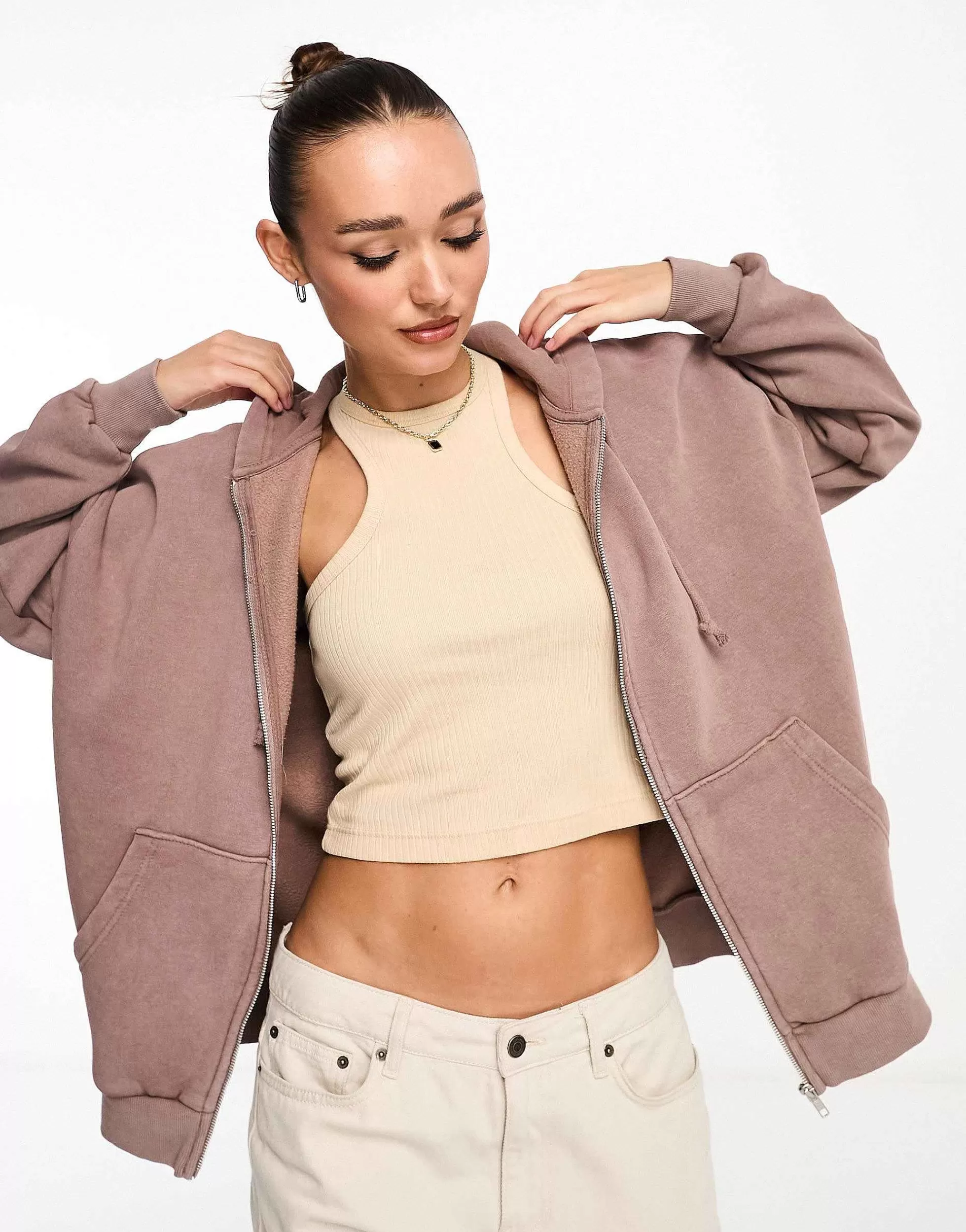 Women Stradivarius Oversized Zip Thru Hoodie And Jogger Co-Ord In Washed Brown