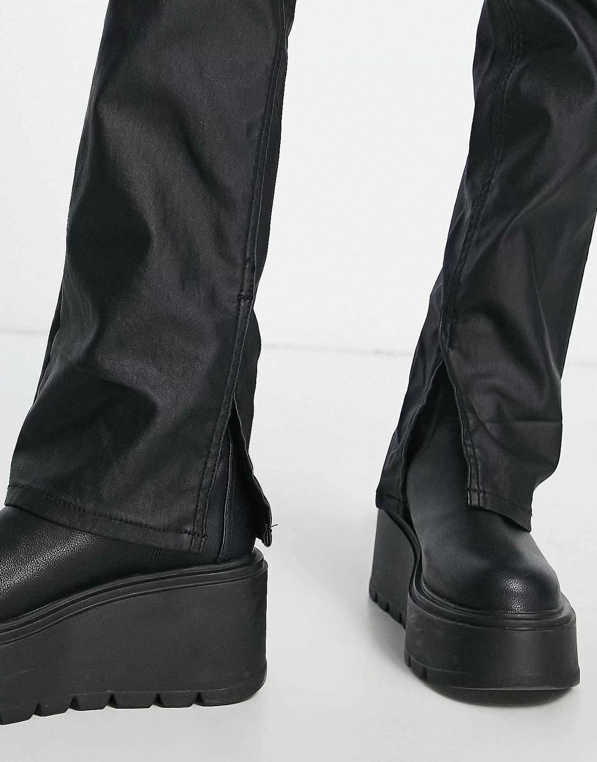 Women Stradivarius Petite Coated Flare Jean With Split Hem Detail In