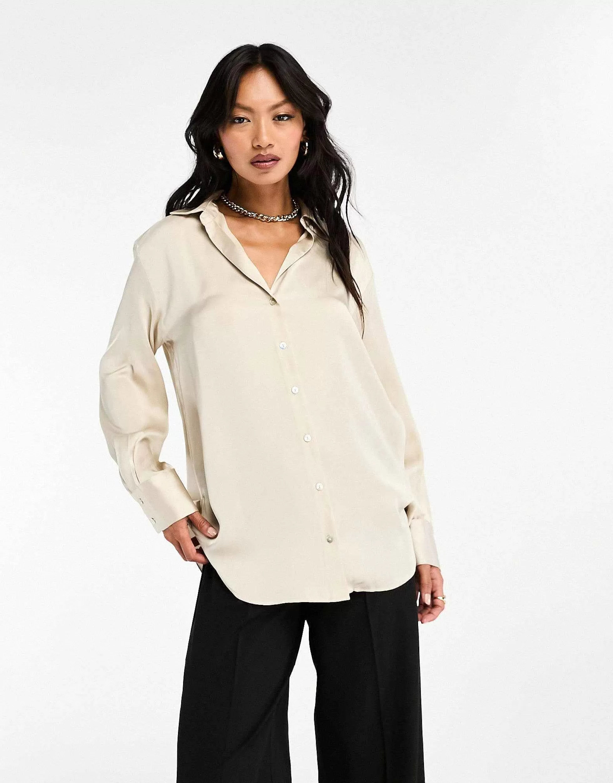 Women Stradivarius Satin Shirt In Champagne