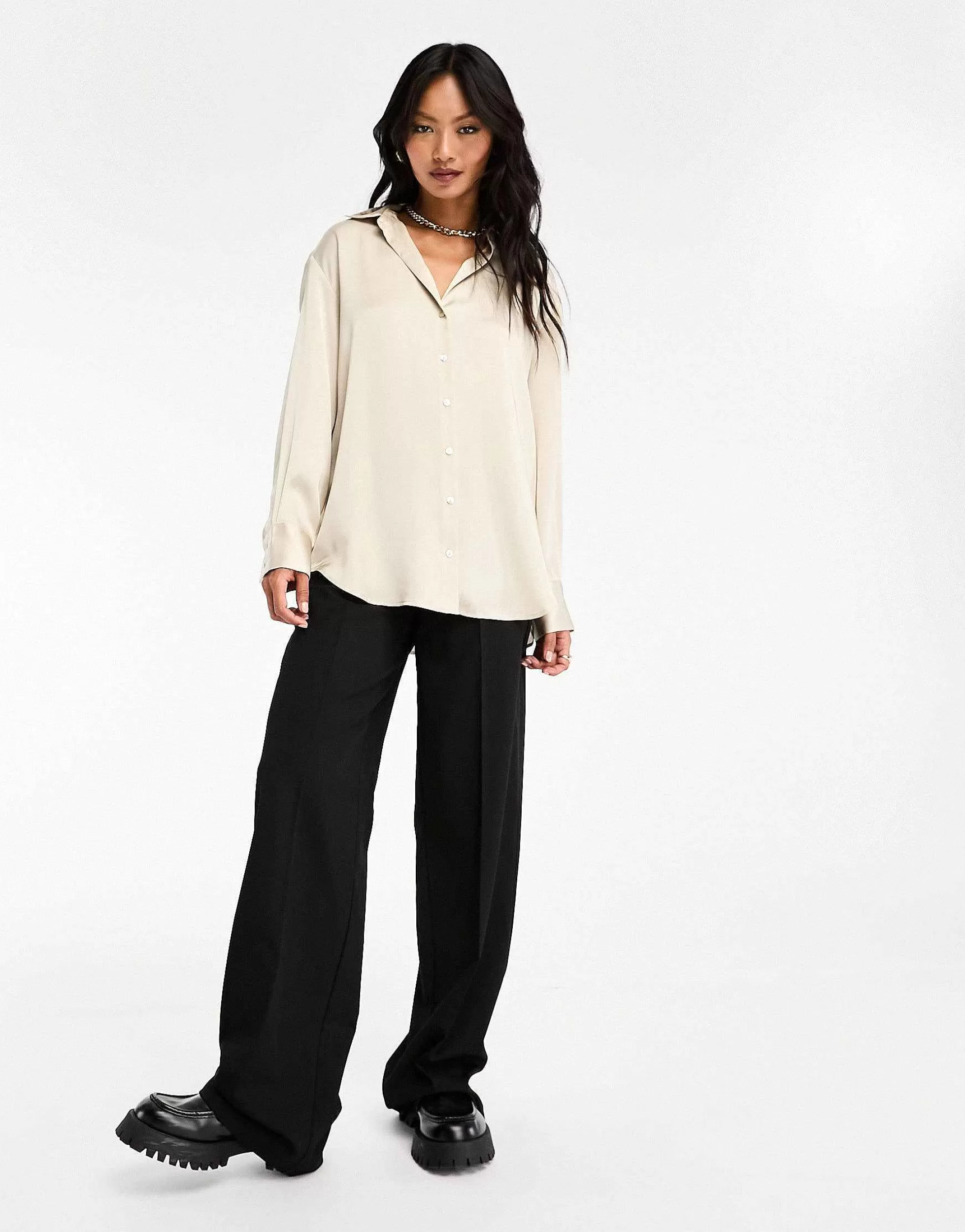 Women Stradivarius Satin Shirt In Champagne