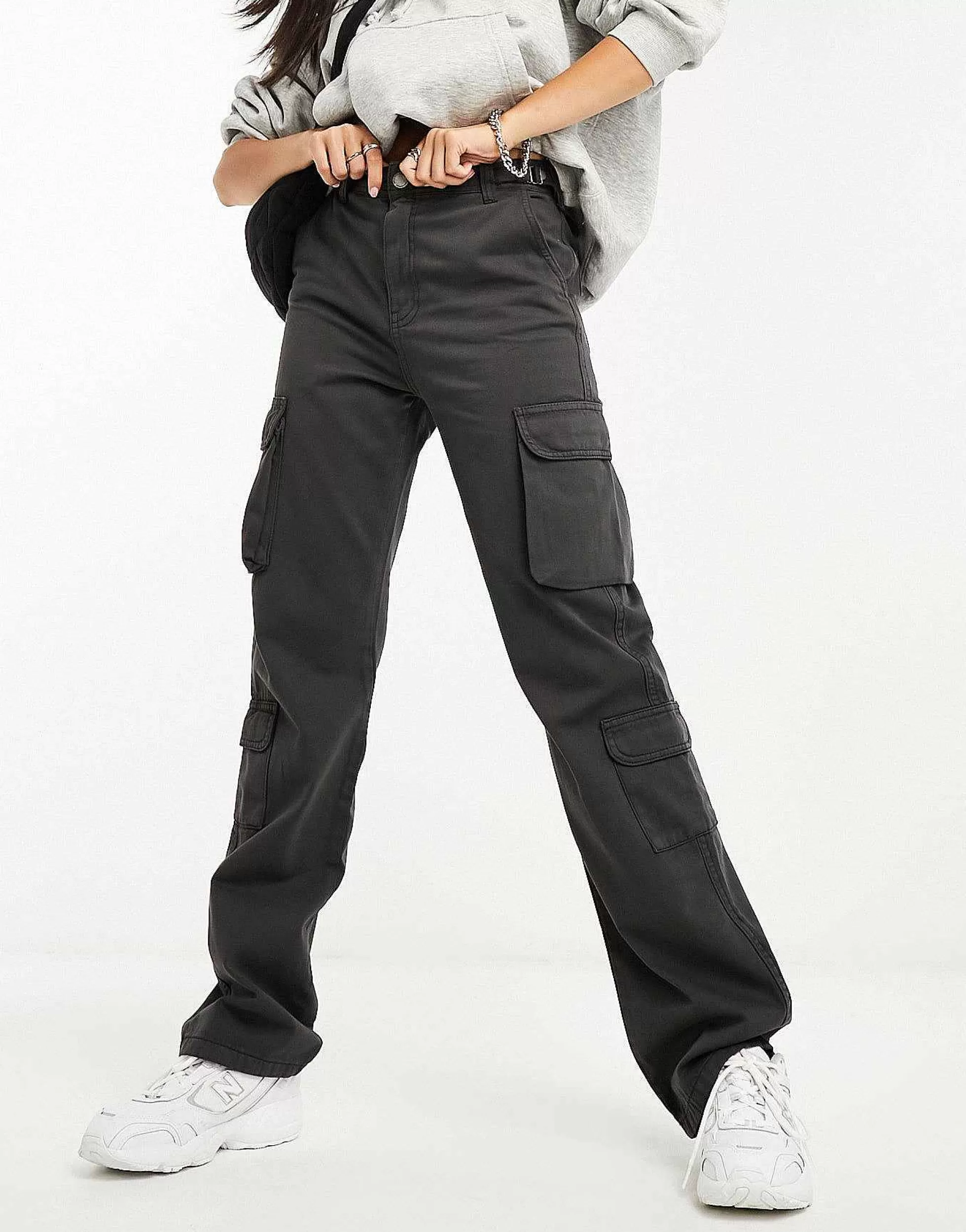 Women Stradivarius Straight Leg Cargo Trouser With Adjustable Waist In