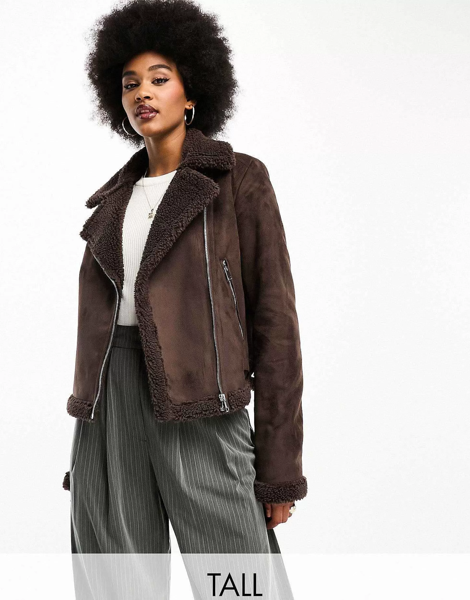 Women Threadbare Tall Betsy Suedette Aviator Jacket With Borg Trims In Chocolate