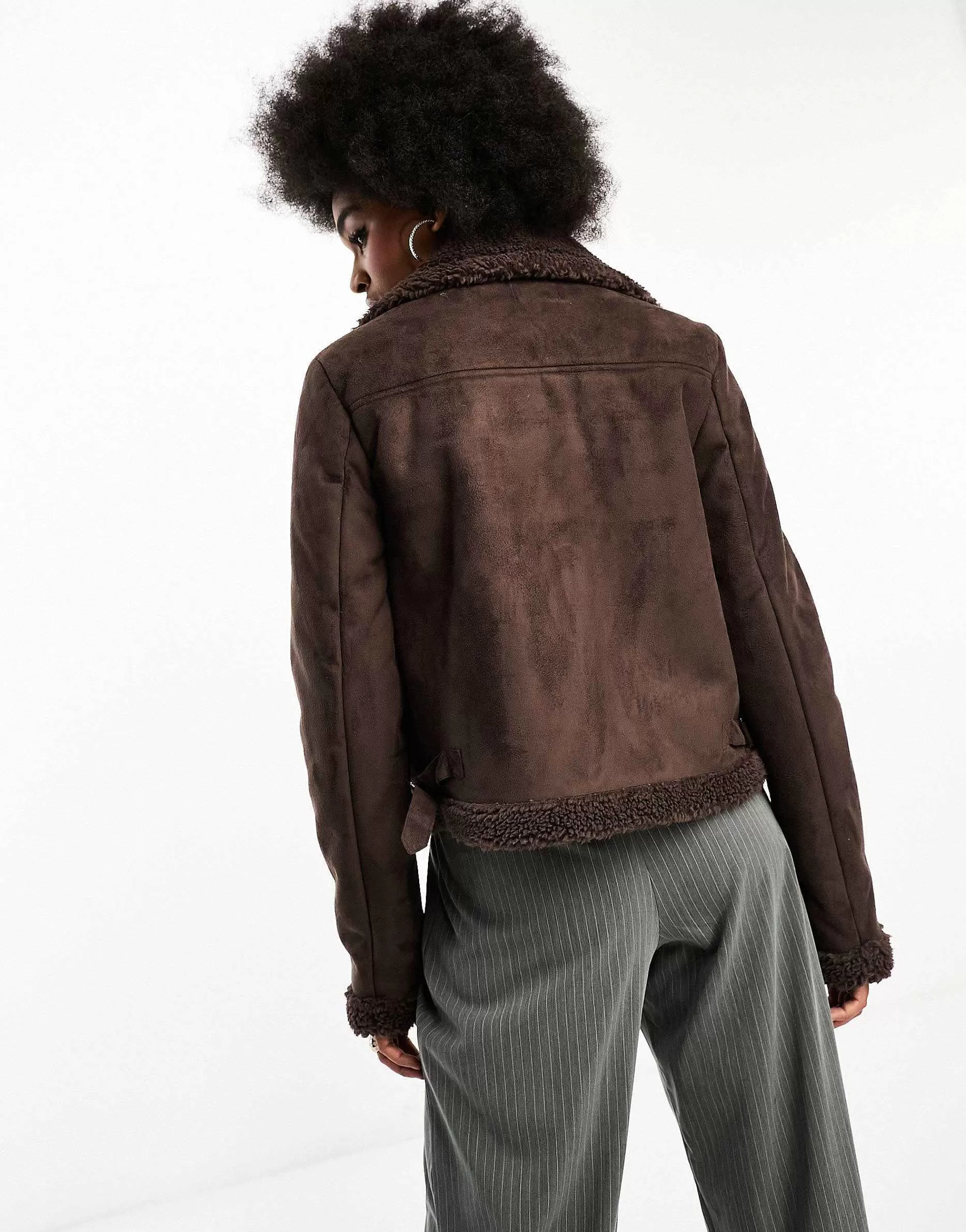 Women Threadbare Tall Betsy Suedette Aviator Jacket With Borg Trims In Chocolate
