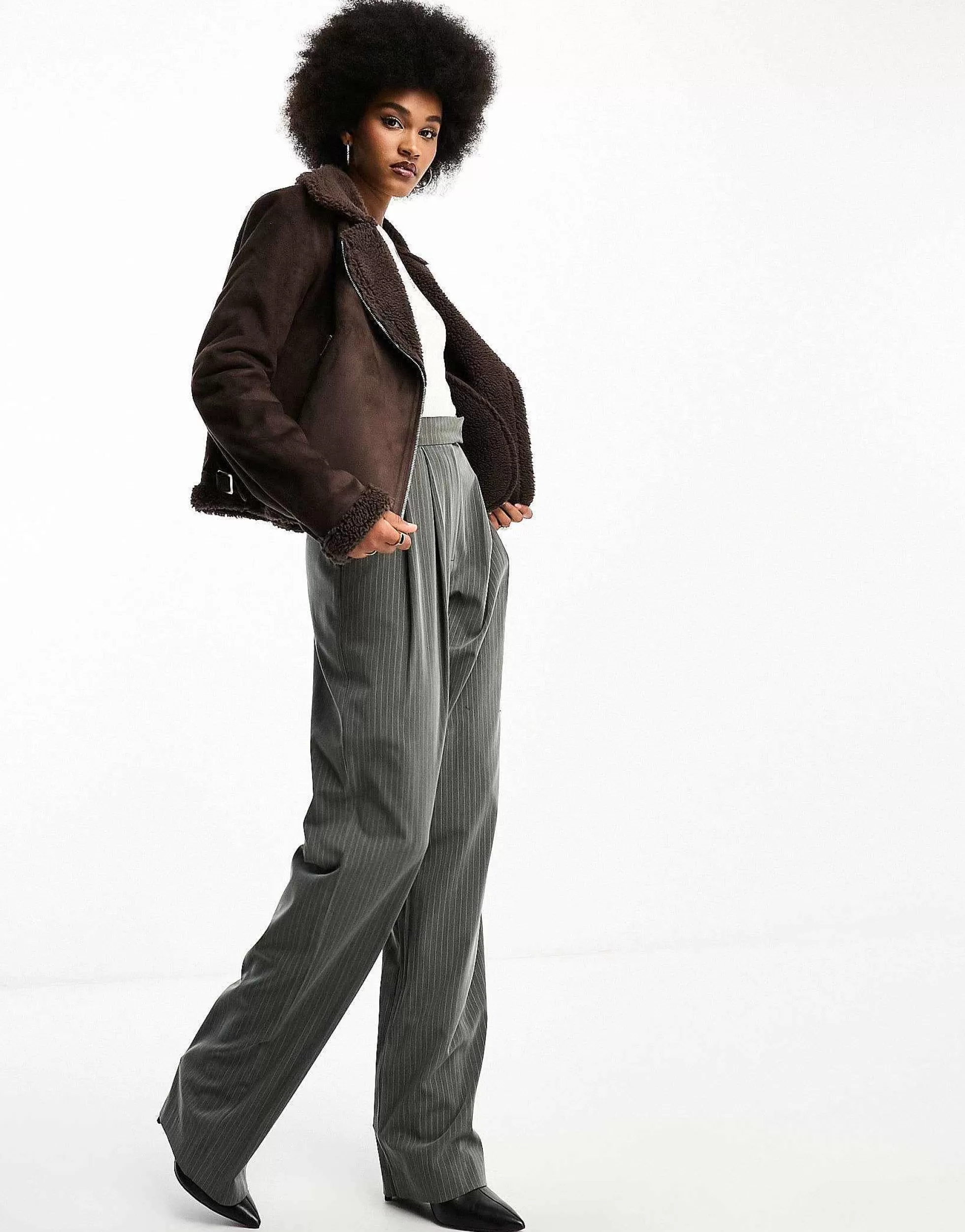 Women Threadbare Tall Betsy Suedette Aviator Jacket With Borg Trims In Chocolate