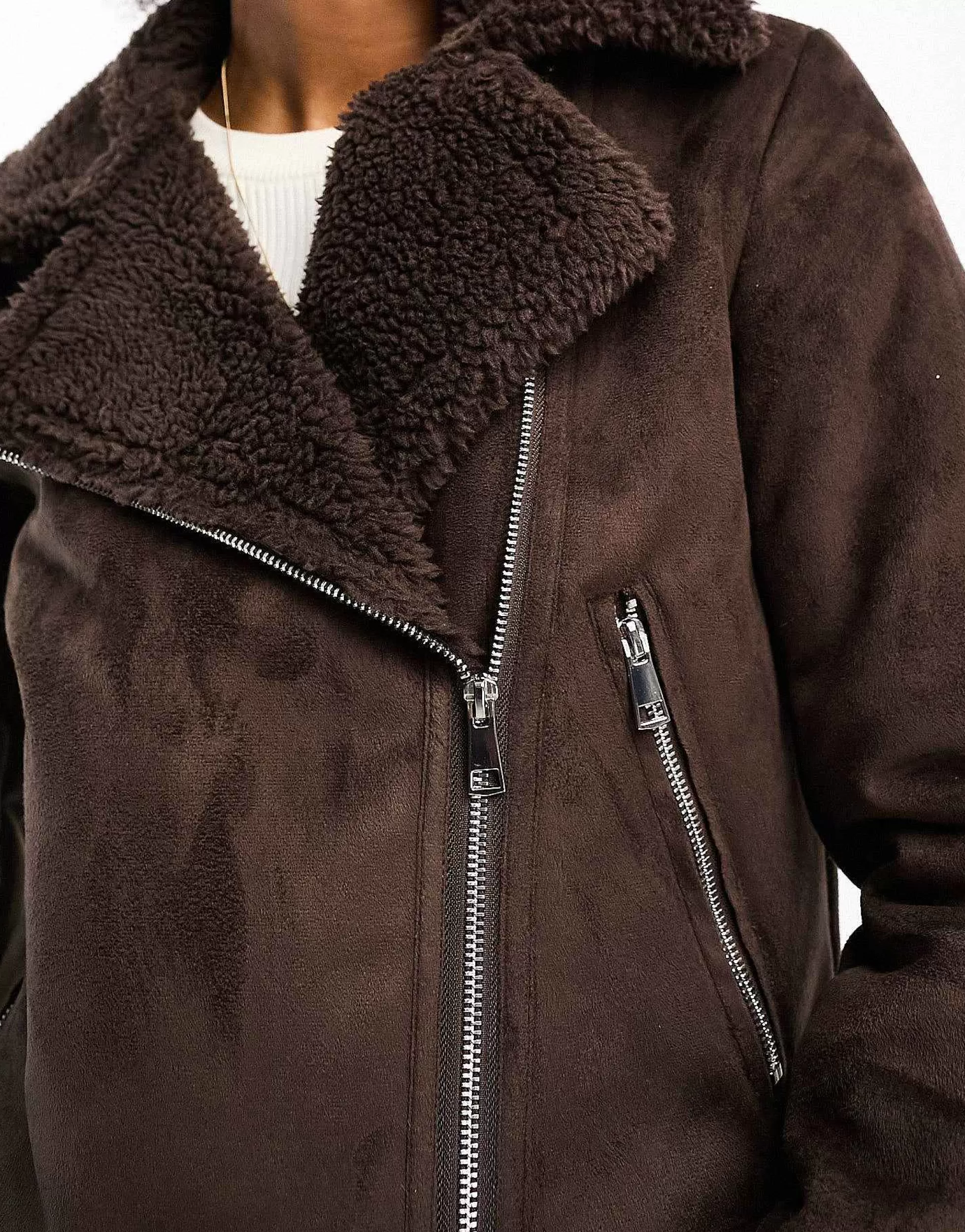 Women Threadbare Tall Betsy Suedette Aviator Jacket With Borg Trims In Chocolate