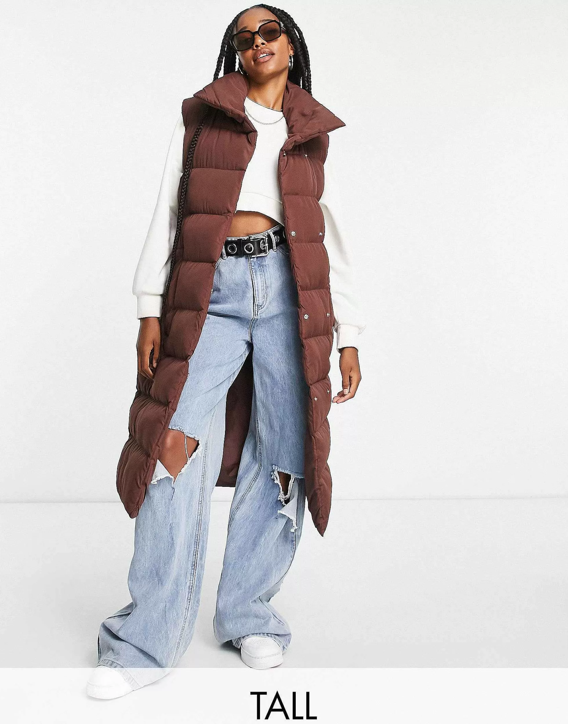 Women Threadbare Tall Reflex Oversized Longline Padded Gilet With Pockets In Brown