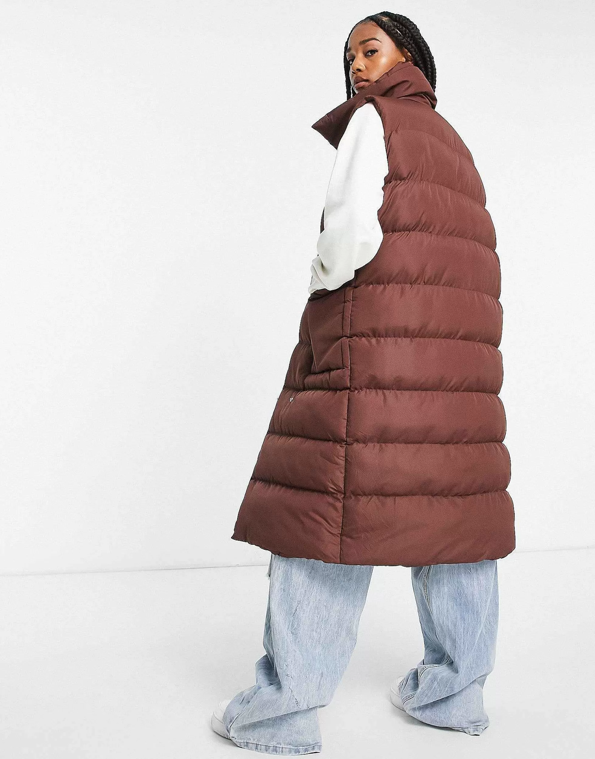Women Threadbare Tall Reflex Oversized Longline Padded Gilet With Pockets In Brown