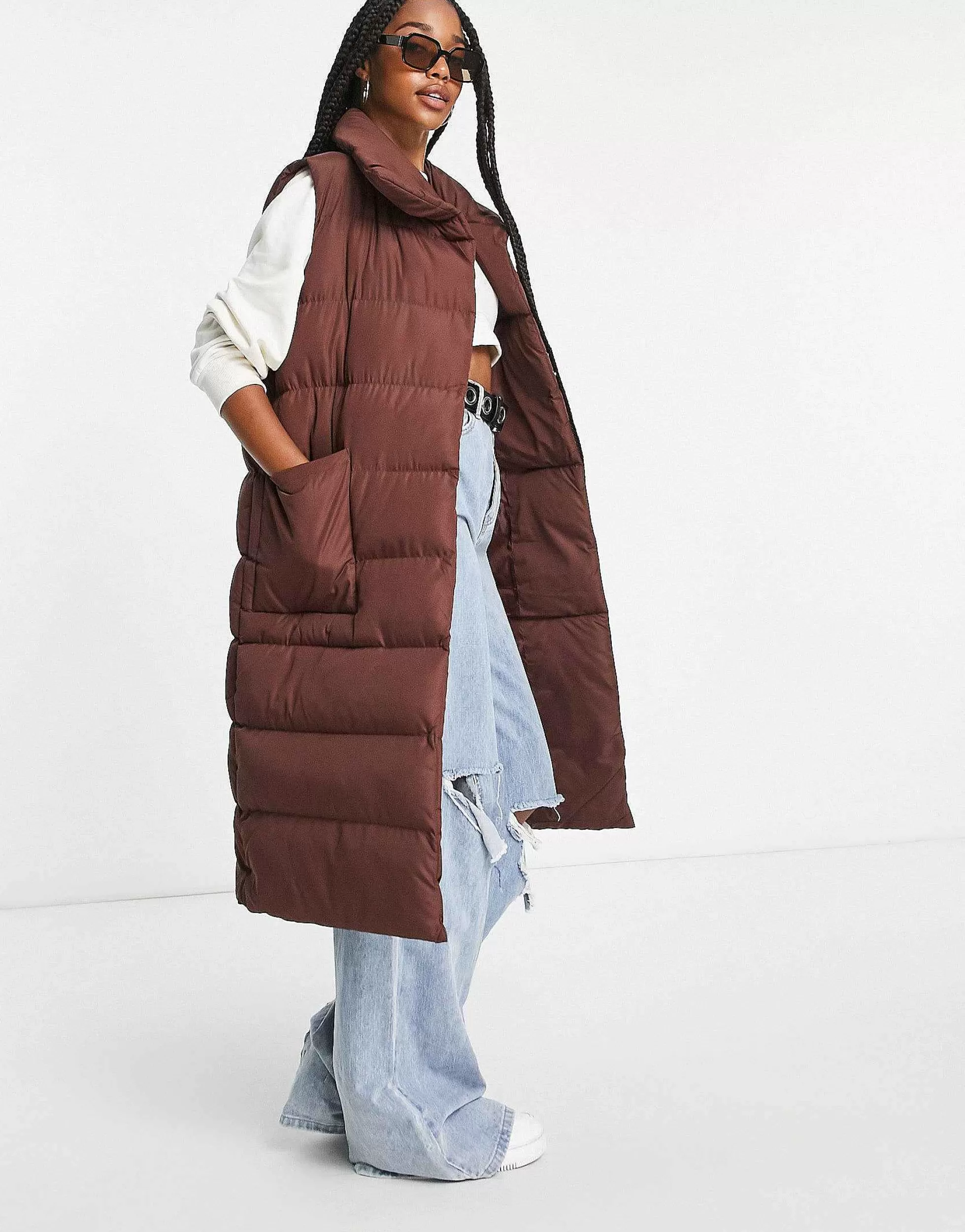 Women Threadbare Tall Reflex Oversized Longline Padded Gilet With Pockets In Brown