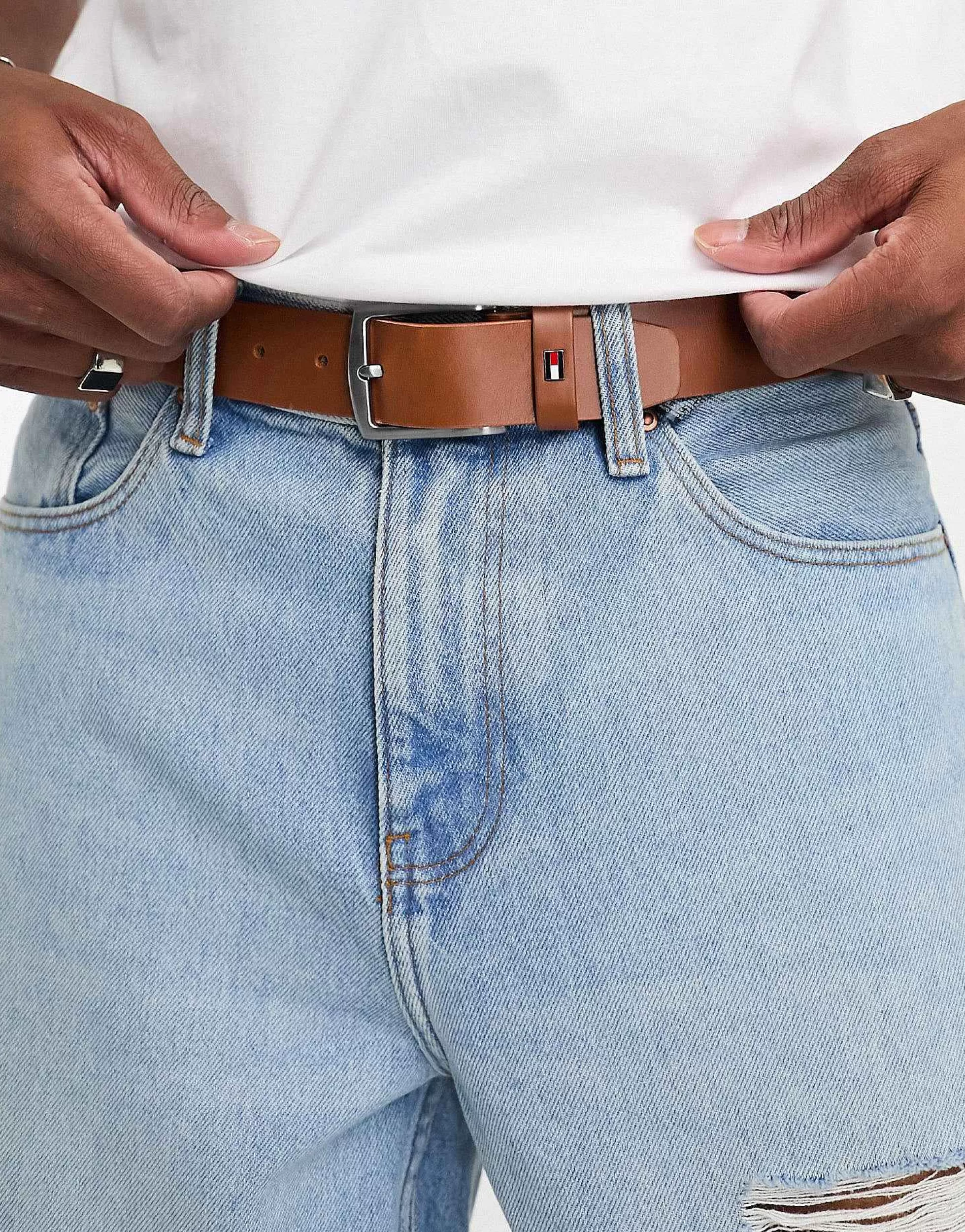 Men Tommy Hilfiger Tan Flag Logo Belt In Tan