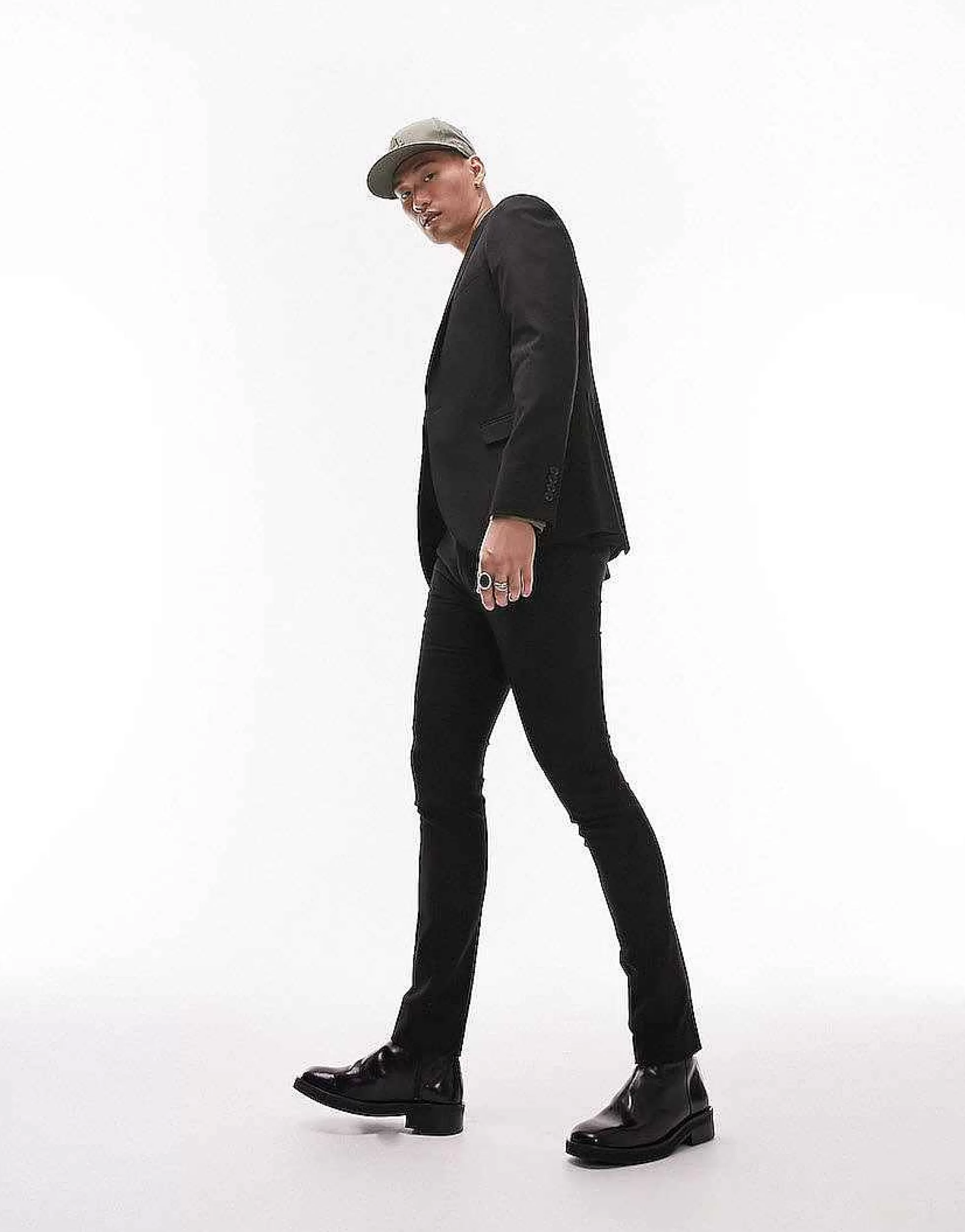 Men Topman Stretch Super Skinny Suit In Black