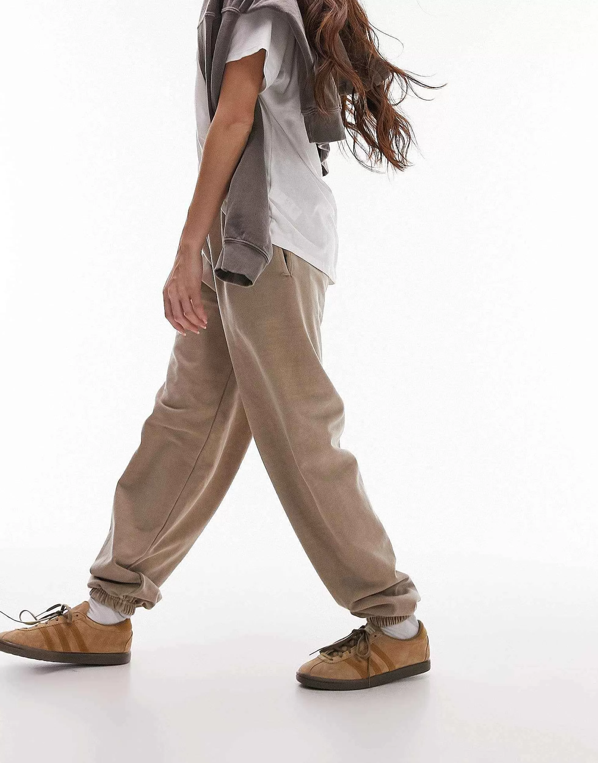 Women Topshop Plain Vintage Wash Oversized Cuff Jogger In Taupe
