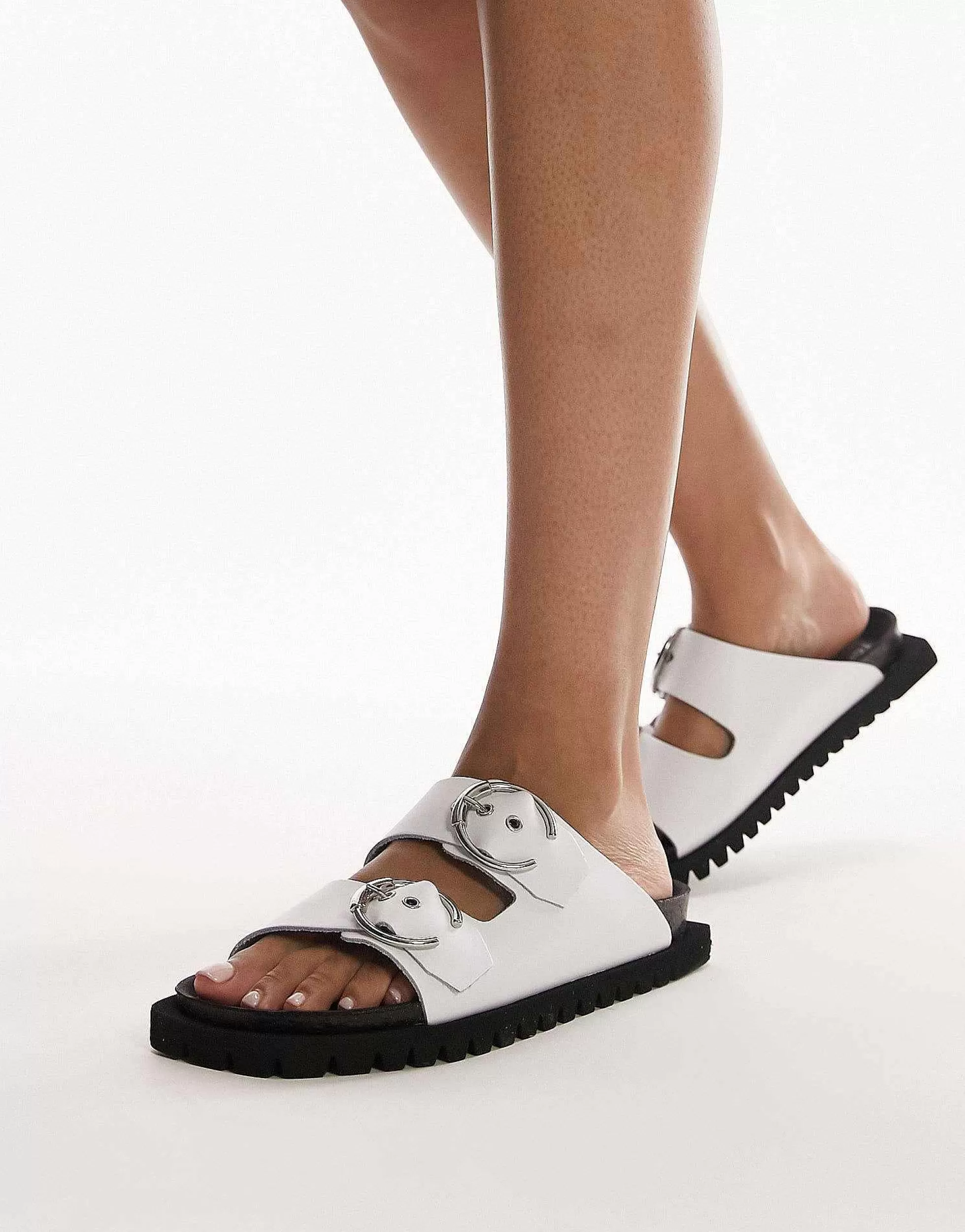 Women Topshop Prince Leather Flat Sandal With Buckles In
