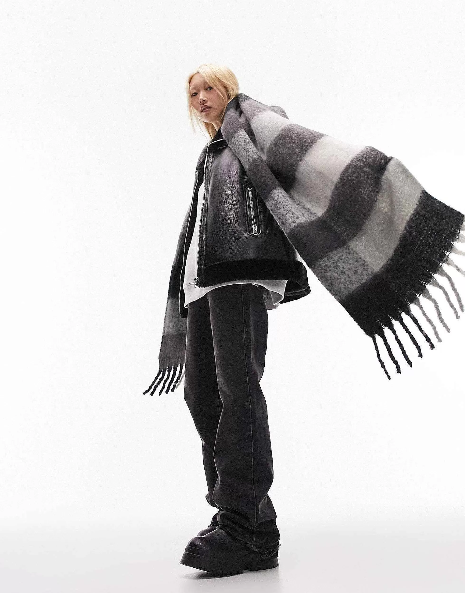 Women Topshop Scarlett Blanket Check Scarf In Black And Grey