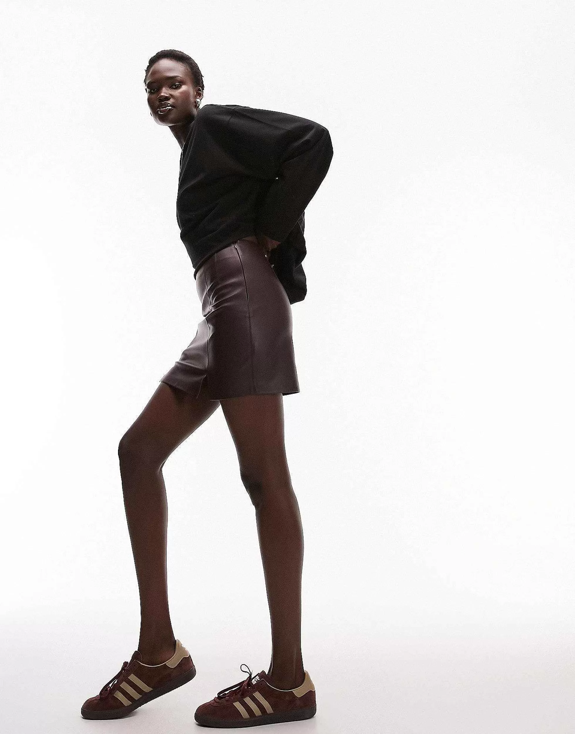 Women Topshop Tall Leather Look Split Detail Mini Skirt In