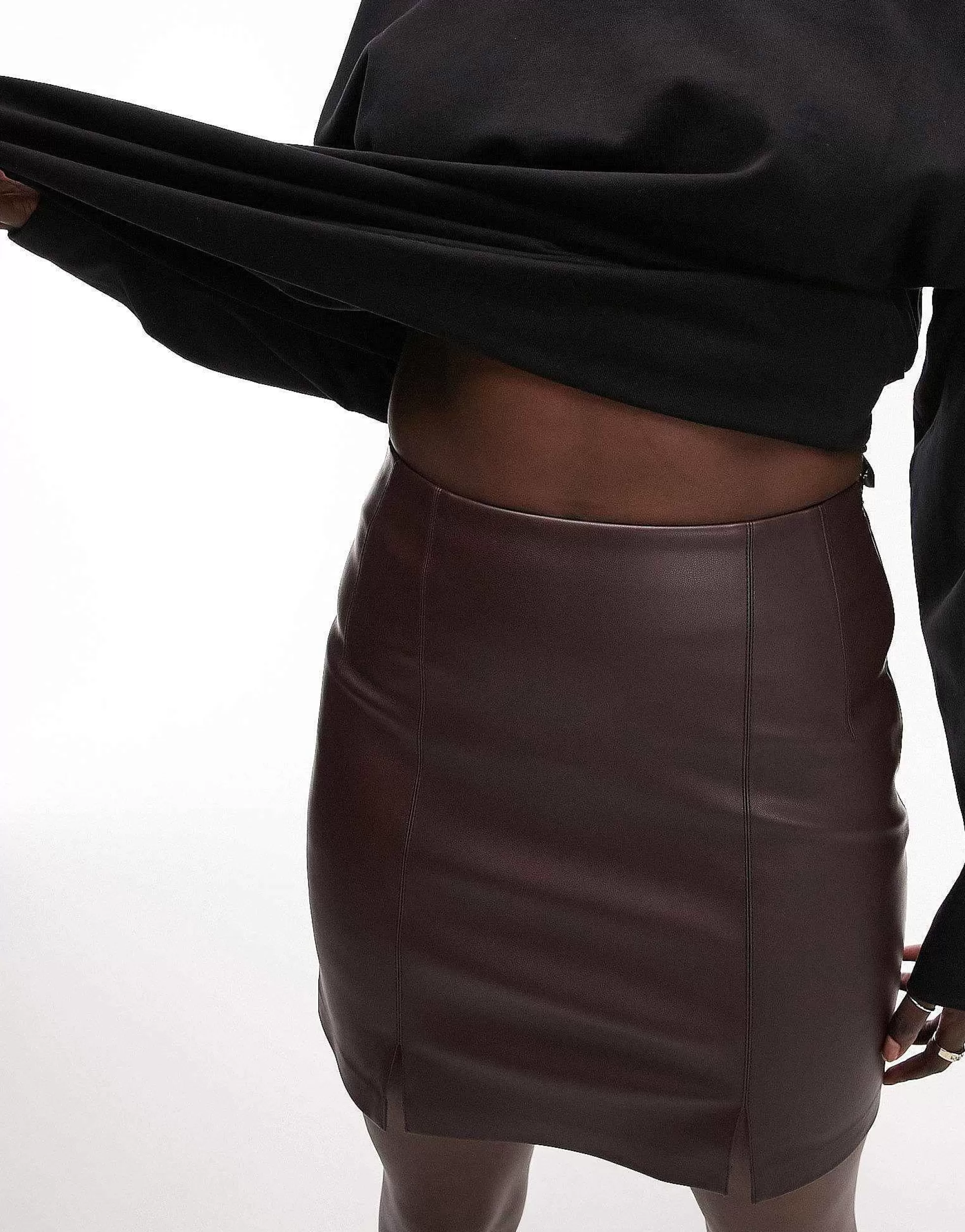 Women Topshop Tall Leather Look Split Detail Mini Skirt In