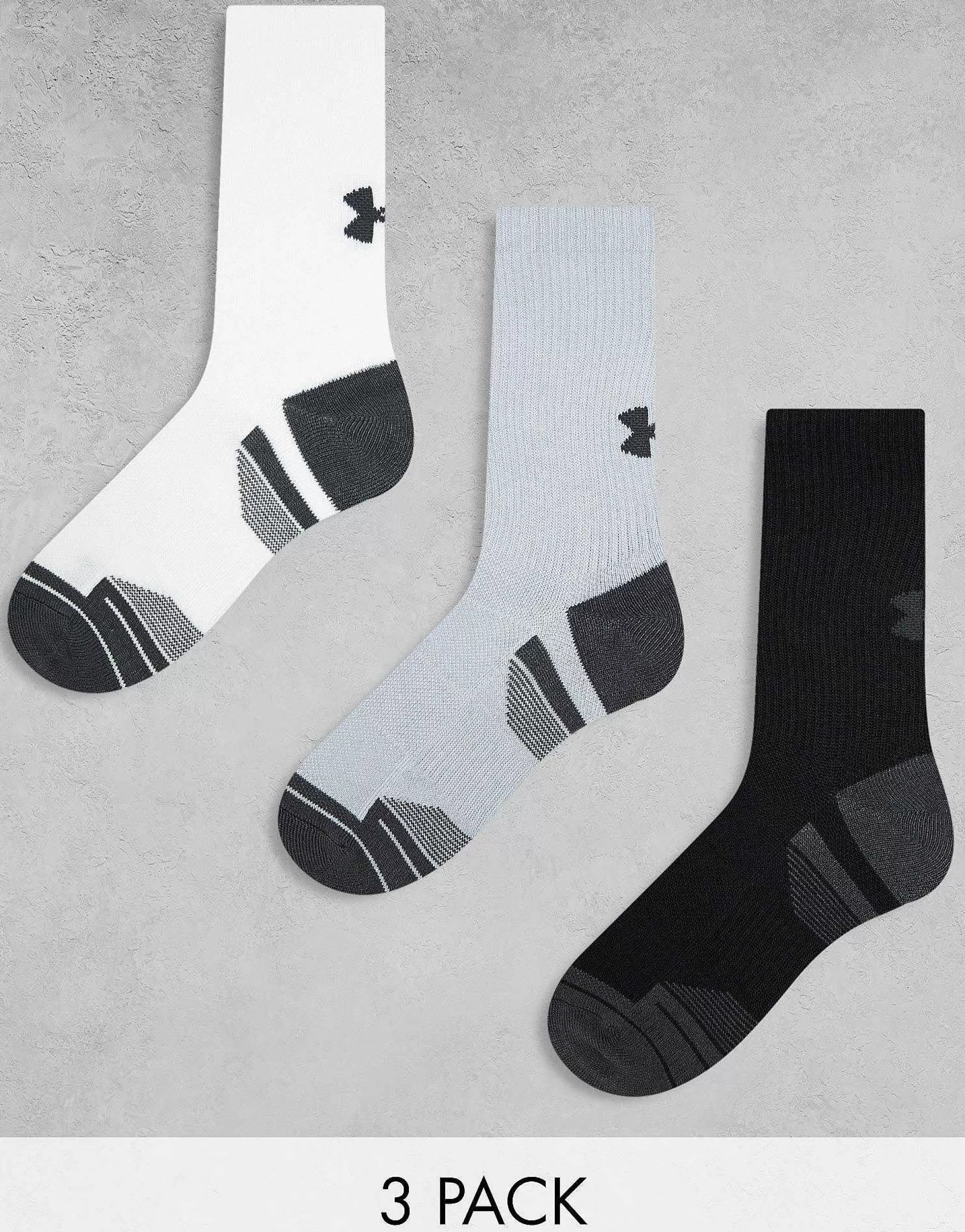 Men Under Armour Performance Tech 3 Pack Crew Socks In Grey White And Black