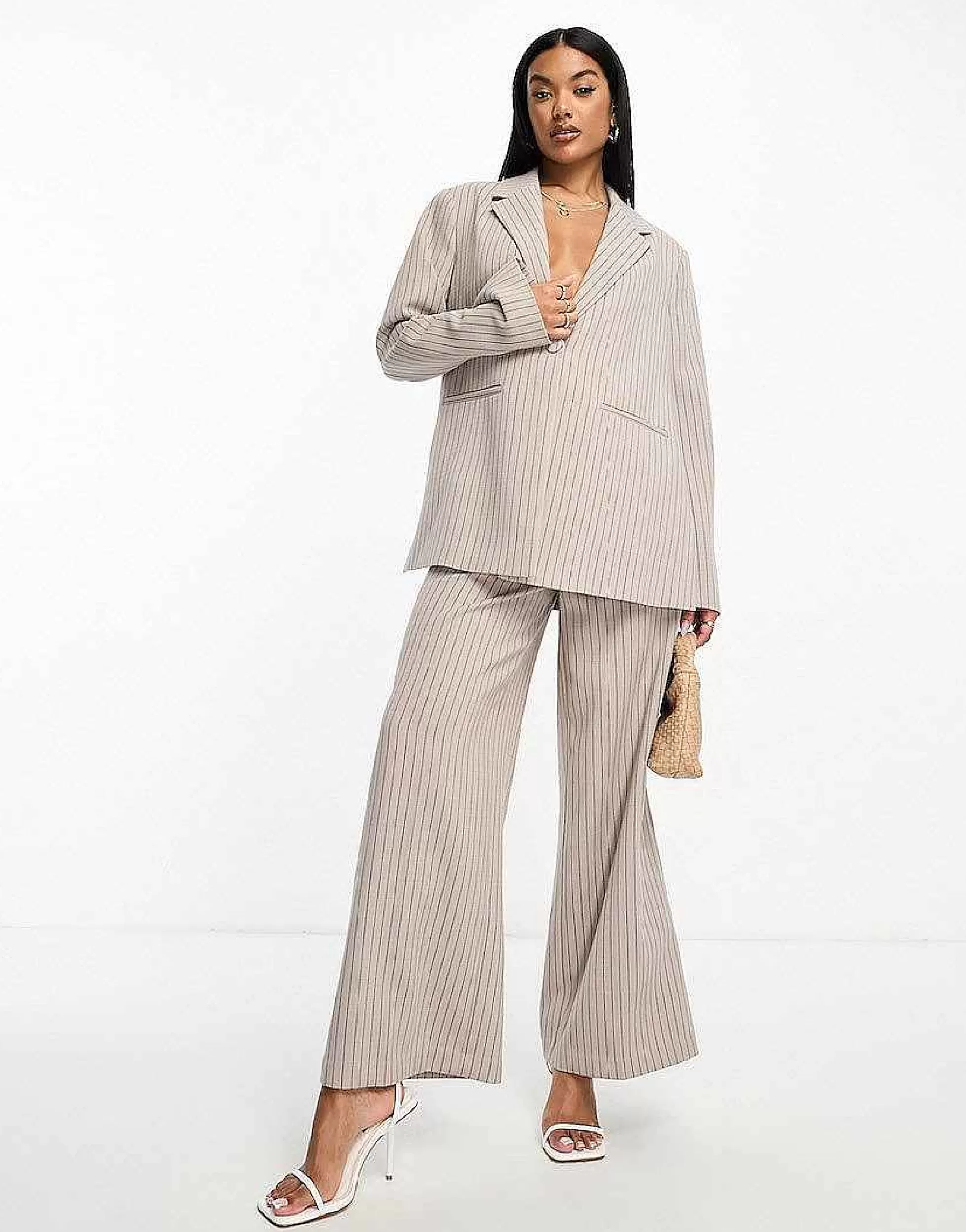 Women Vero Moda Aware Oversized Pinstripe Blazerand Wide Leg Trouser Co-Ord In Stone