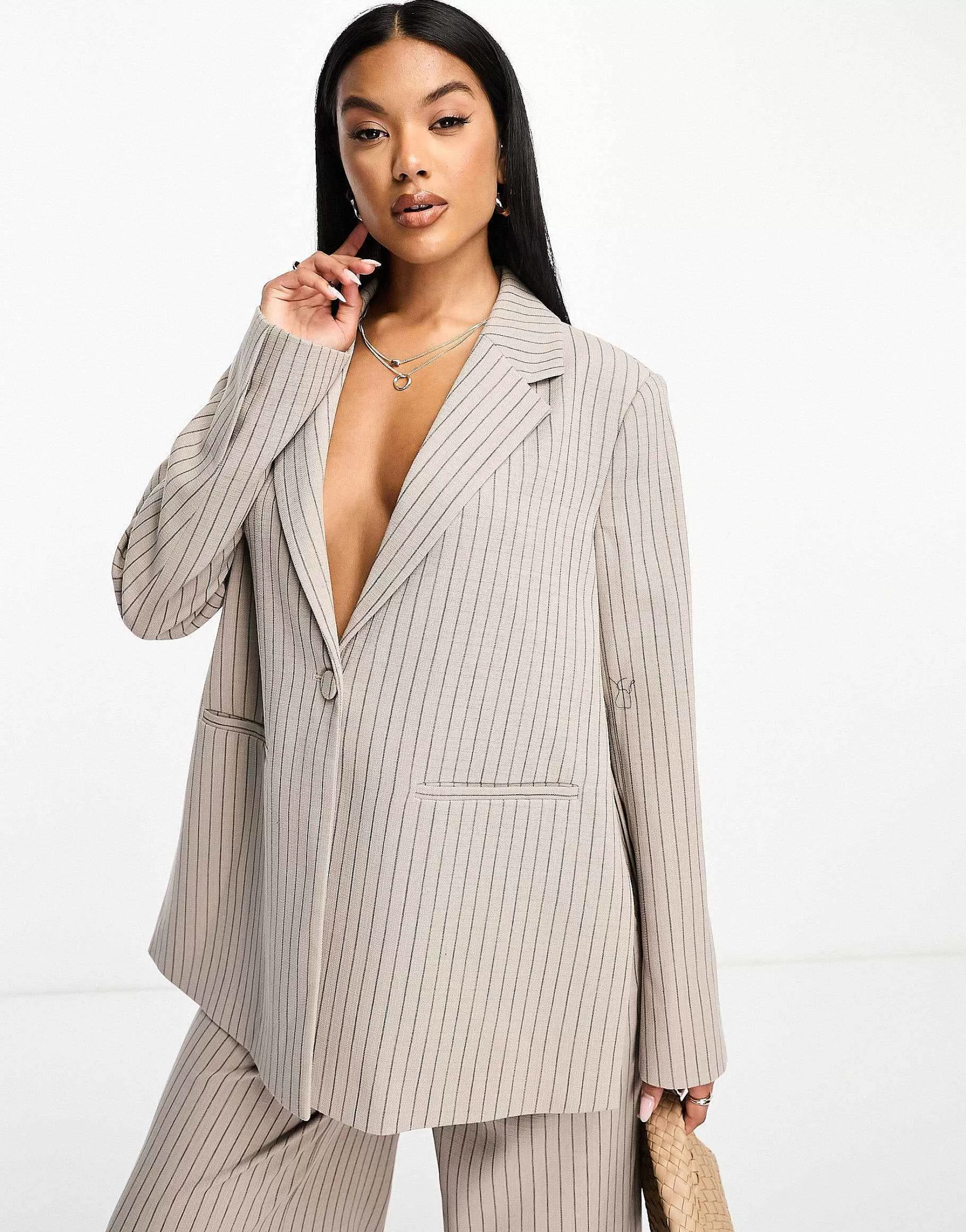 Women Vero Moda Aware Oversized Pinstripe Blazerand Wide Leg Trouser Co-Ord In Stone