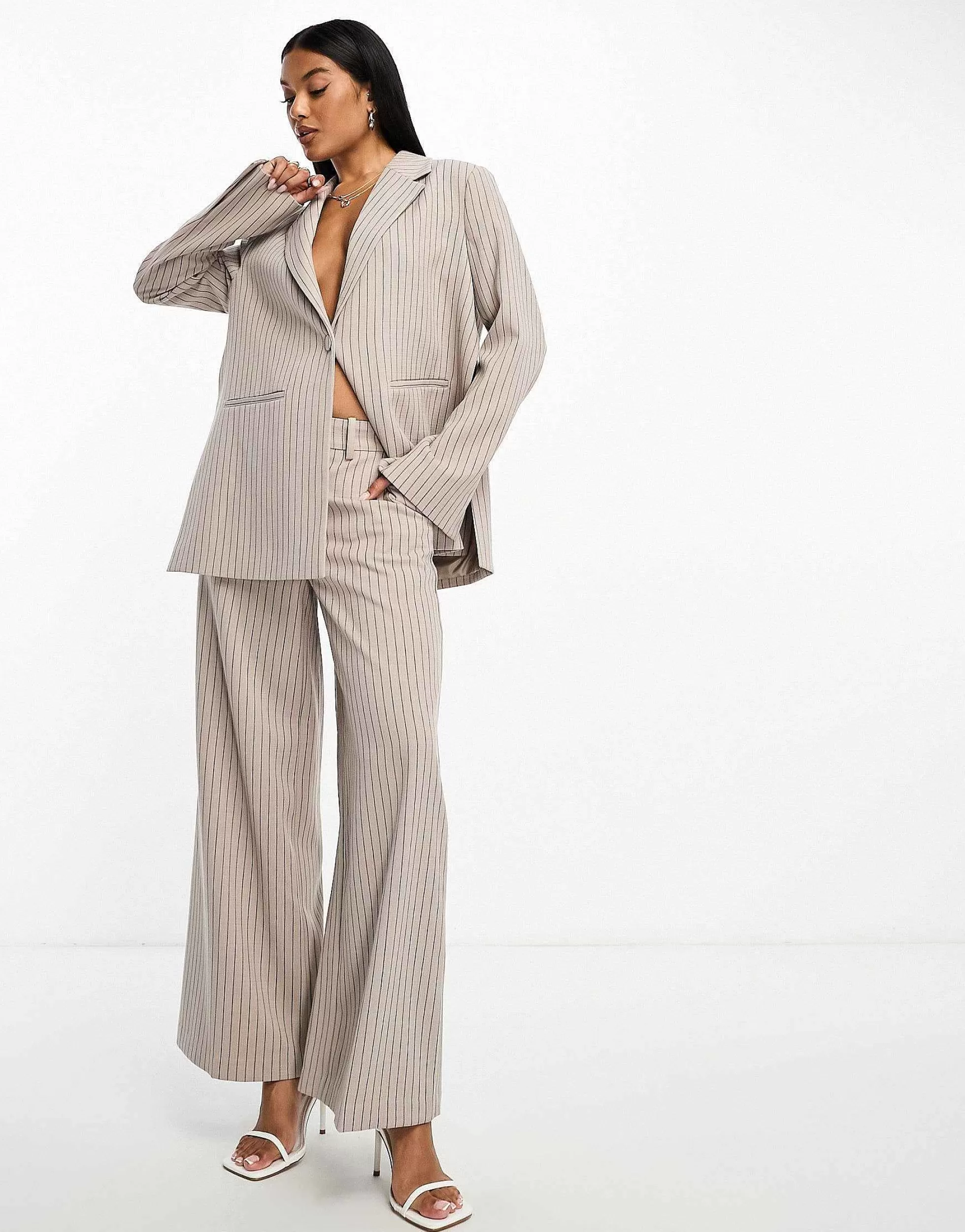 Women Vero Moda Aware Oversized Pinstripe Blazerand Wide Leg Trouser Co-Ord In Stone