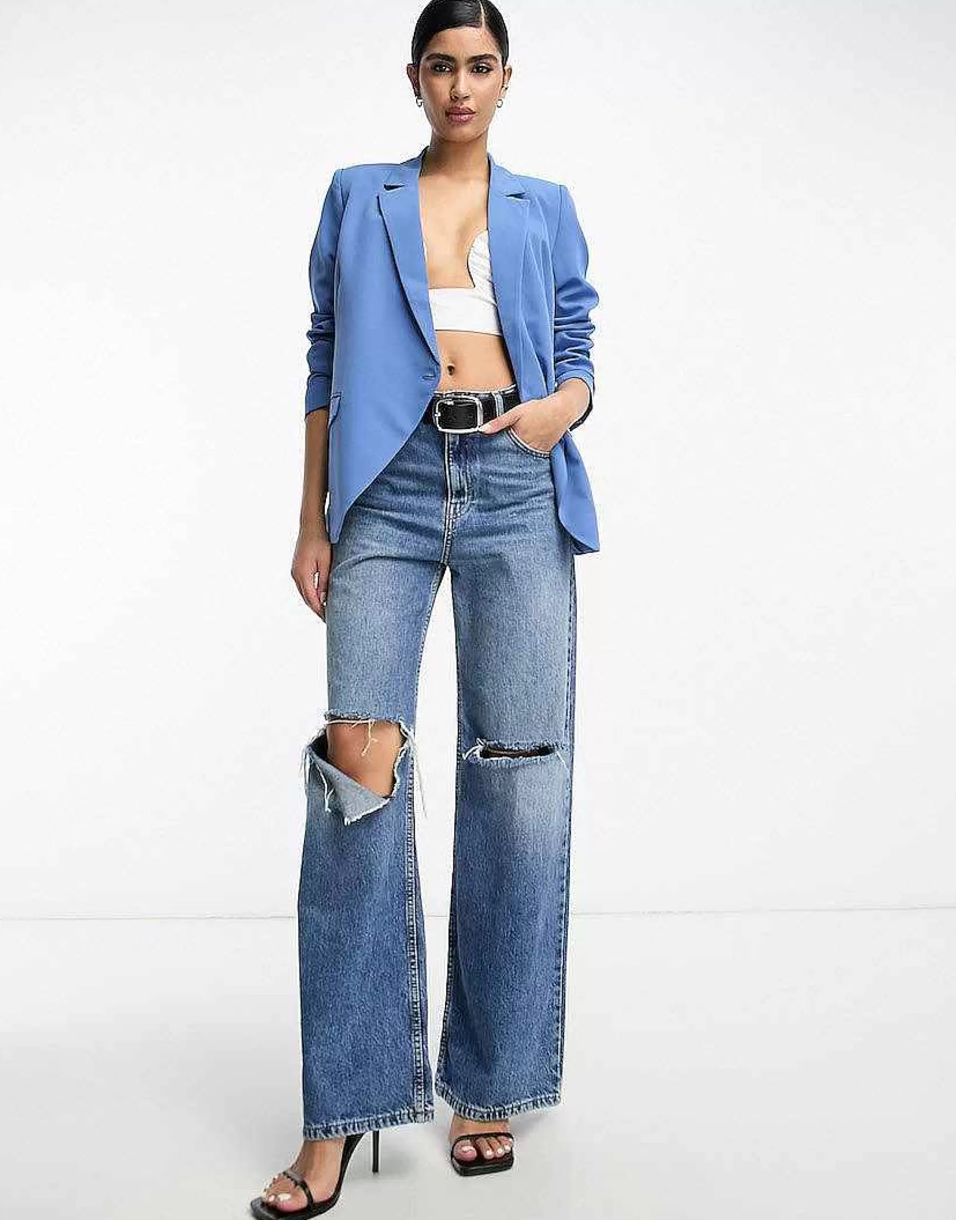 Women Vila Tailored Asymmetric Blazer And Cigarette Trouser Co-Ord In Blue