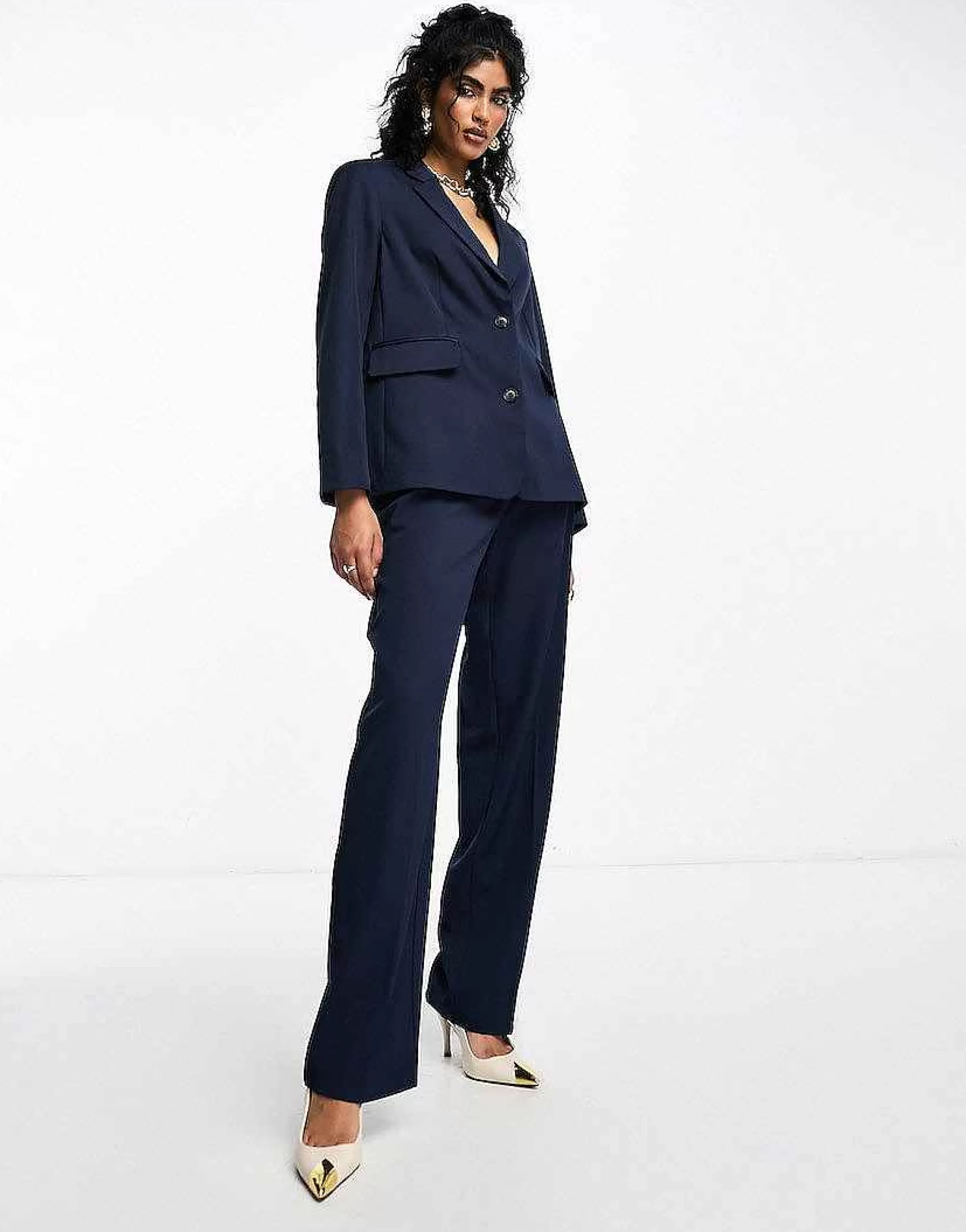 Women Vila Twill Tailored Oversized Blazer And Wide Leg Trouser Co-Ord In Navy