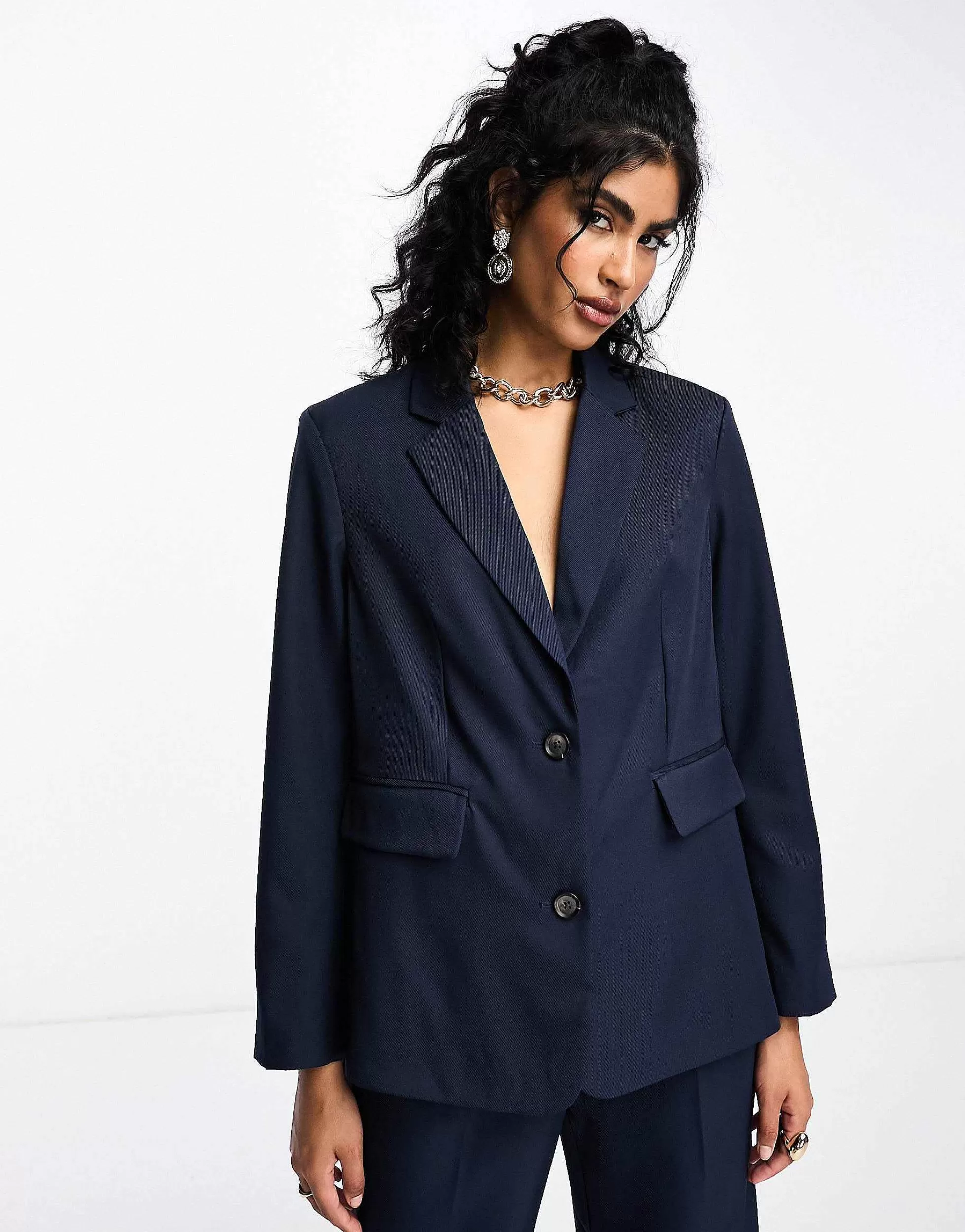 Women Vila Twill Tailored Oversized Blazer And Wide Leg Trouser Co-Ord In Navy