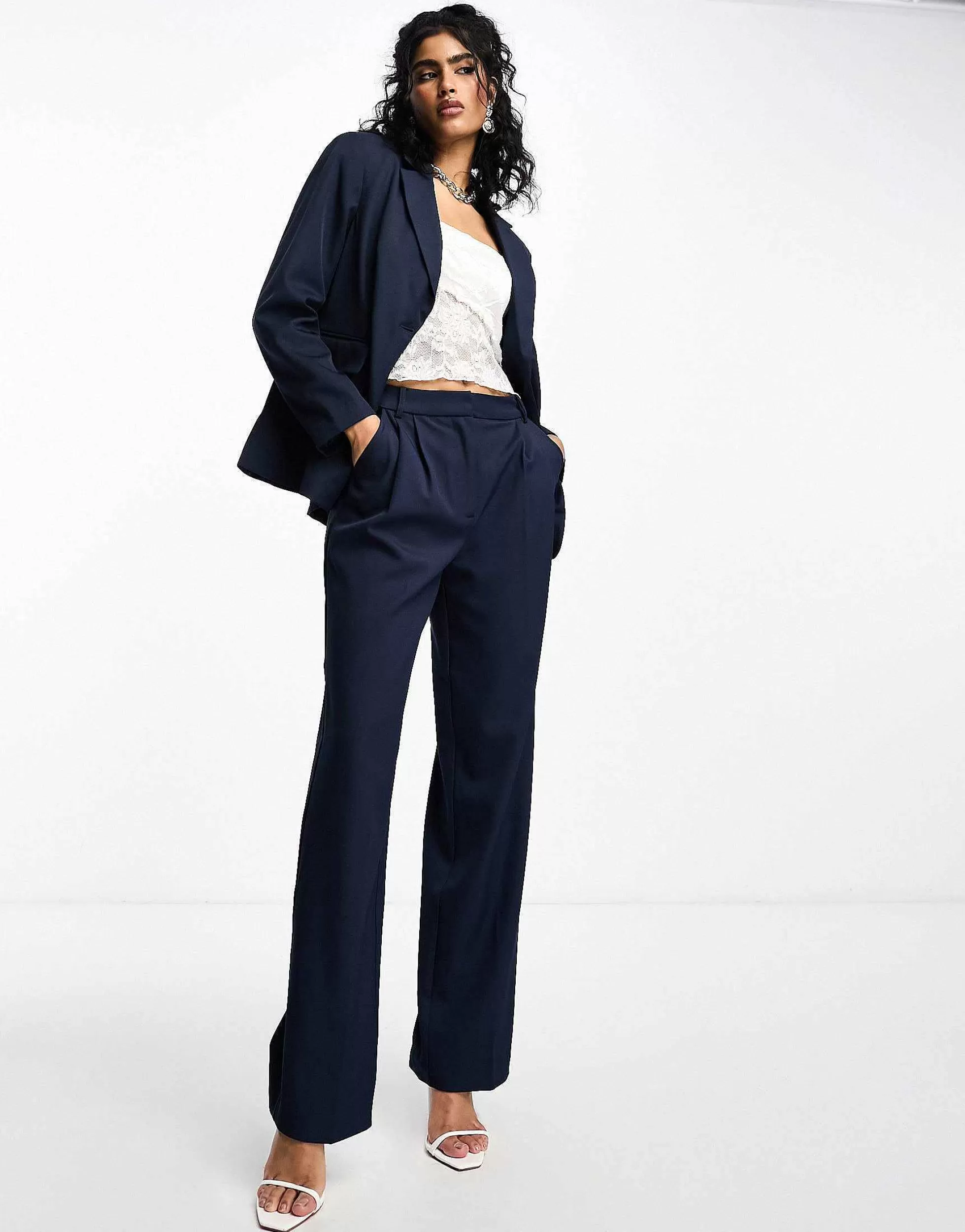 Women Vila Twill Tailored Oversized Blazer And Wide Leg Trouser Co-Ord In Navy