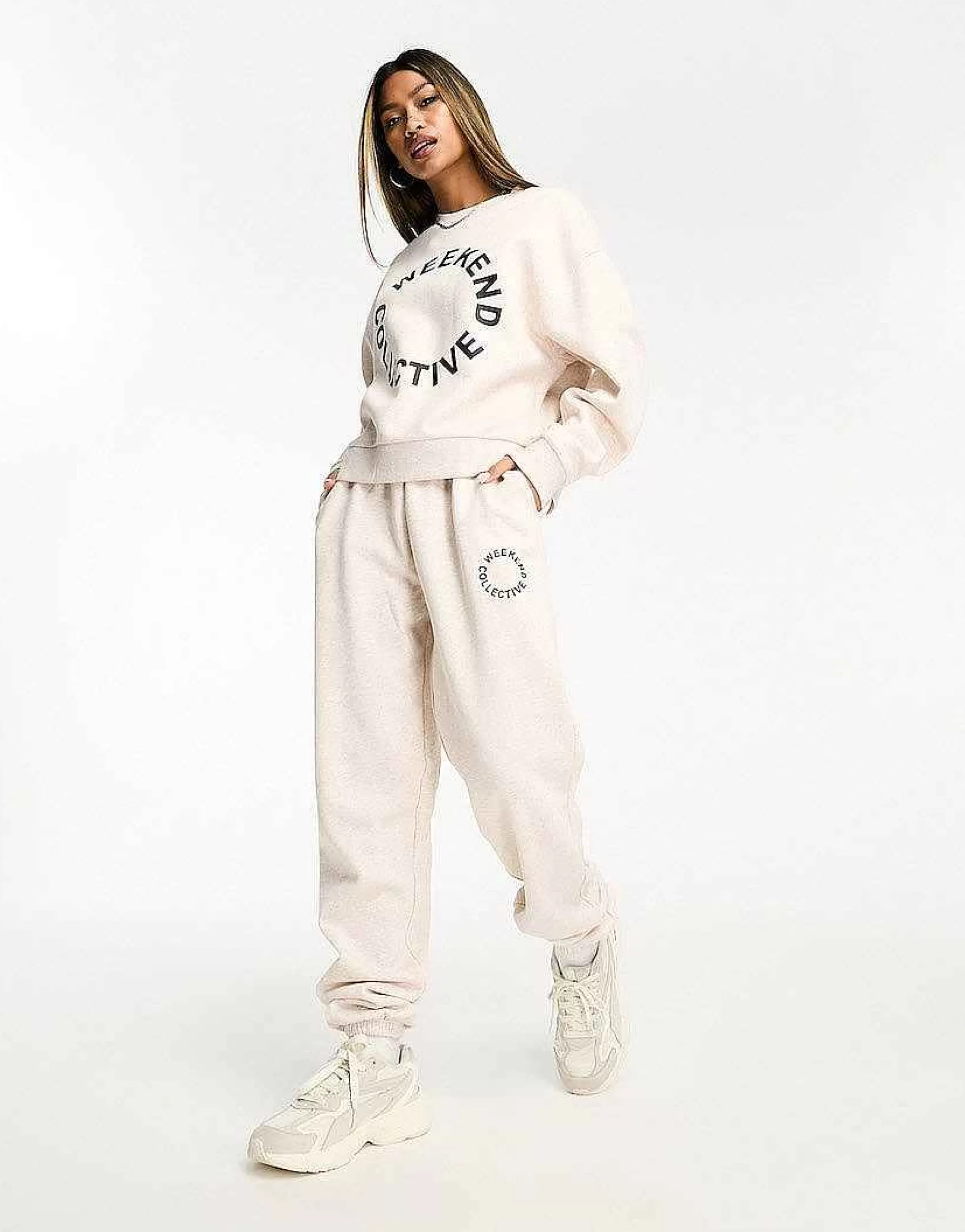 Women WEEKEND COLLECTIVE Co-Ord With Black Logo In Oatmeal Marl