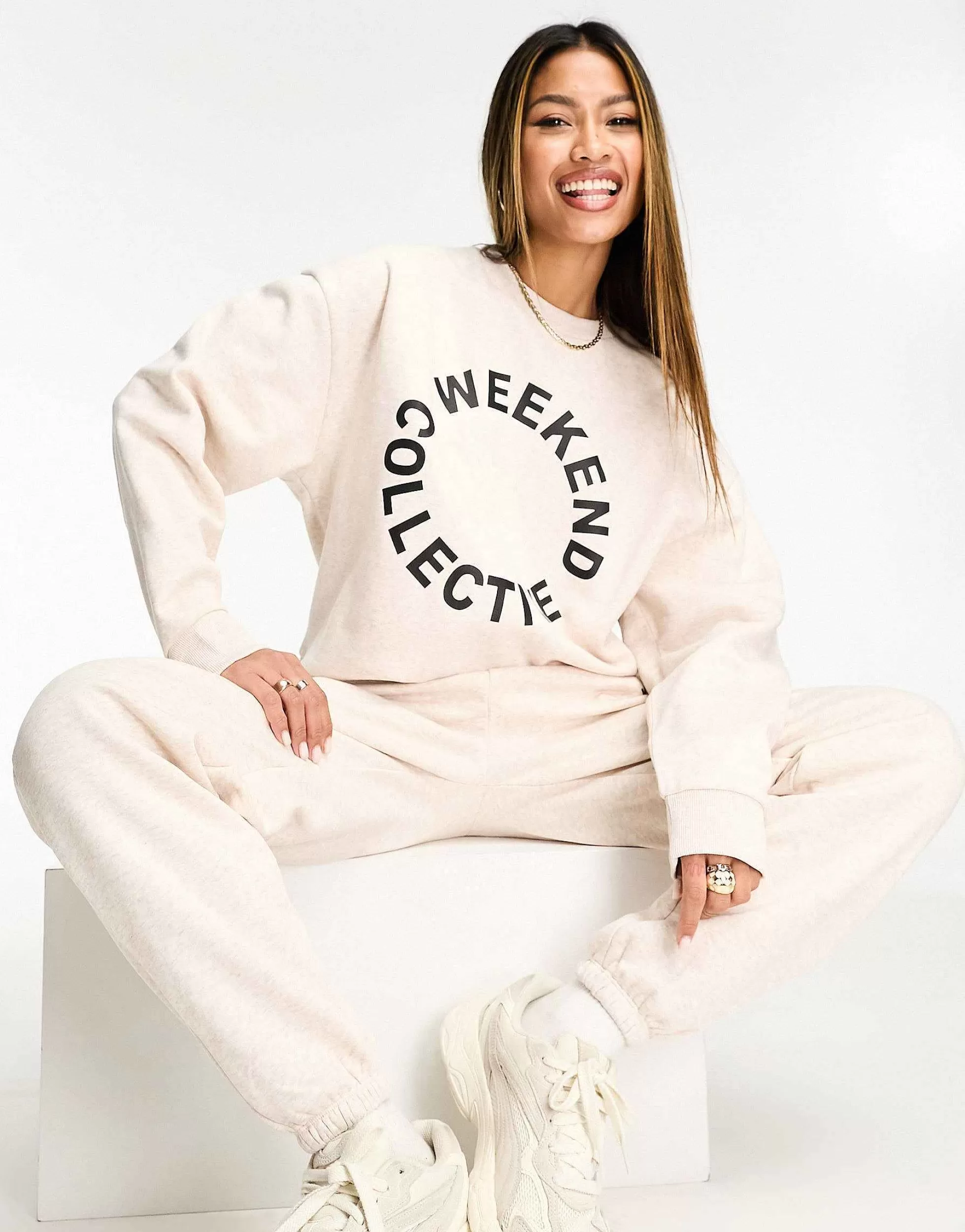 Women WEEKEND COLLECTIVE Co-Ord With Black Logo In Oatmeal Marl